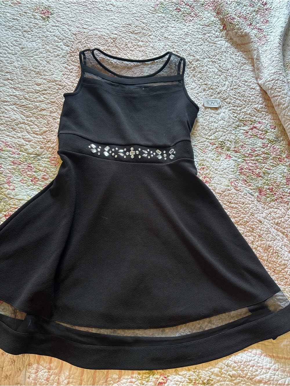 Place Black Mesh-Trimmed Jewel Waist Fit & Flare Dress